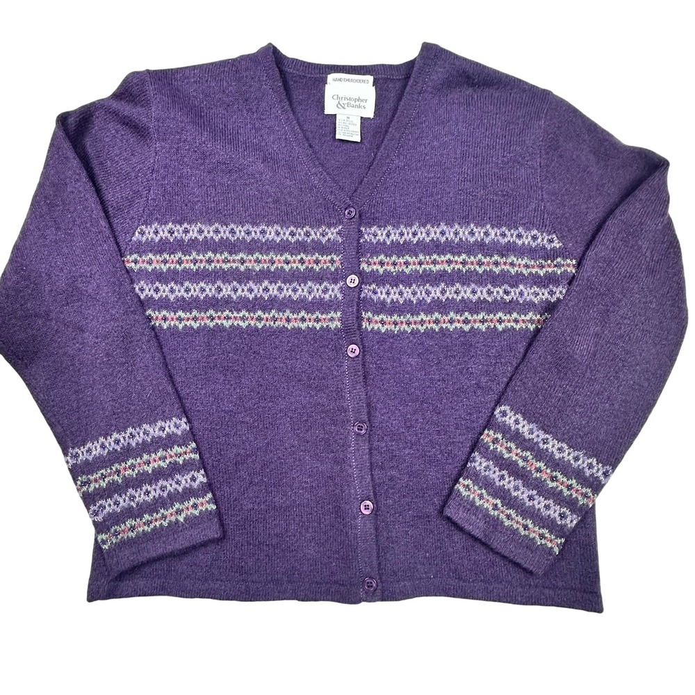Wool blend Hand Embroidered Beaded Purple‎ Fair Isle Beaded Cardigan Sweater M